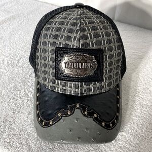 Tamaulipas Black Gray Faux Leather Metal Mesh Back Snap Back Trucker Hat Cap